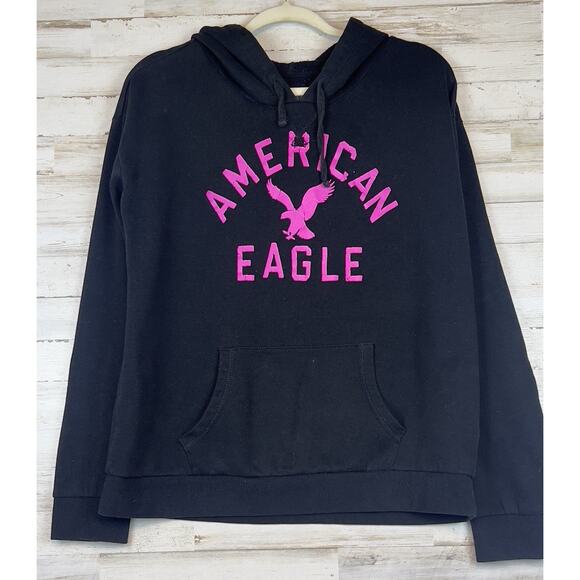 Vintage American Eagle Outfitters Women Large Black Classic Hoodie Pink Logo Y2K - Picture 1 of 9